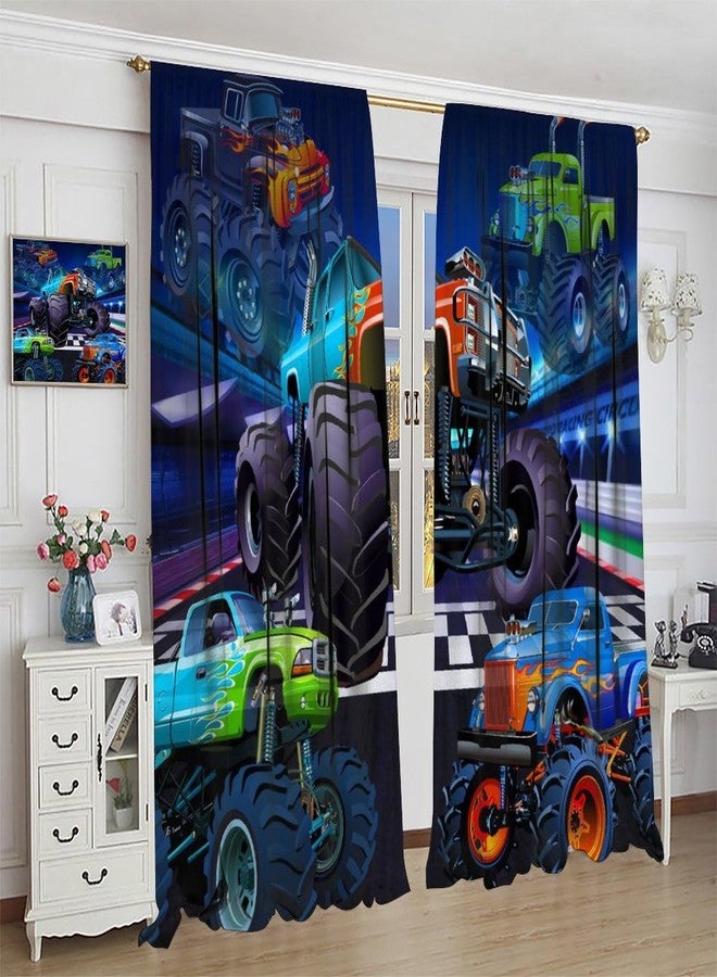 AAVEUP Monster Truck Curtains, Modern Cartoon Track Tractor Flame Big Tire Monster Sasquatch Car Windows Treatments Drapes for Kids Boys Nursery Teenager's Bedroom Living Room 42x45in（No Blackout） - Image 5